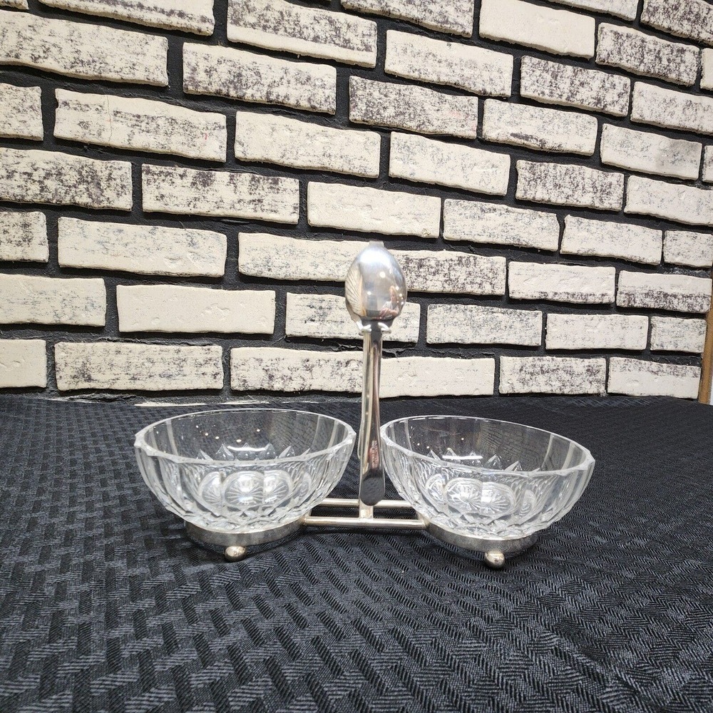 Val St Lambert crystal bowls w/silver plated spoons & WM Italy stand
